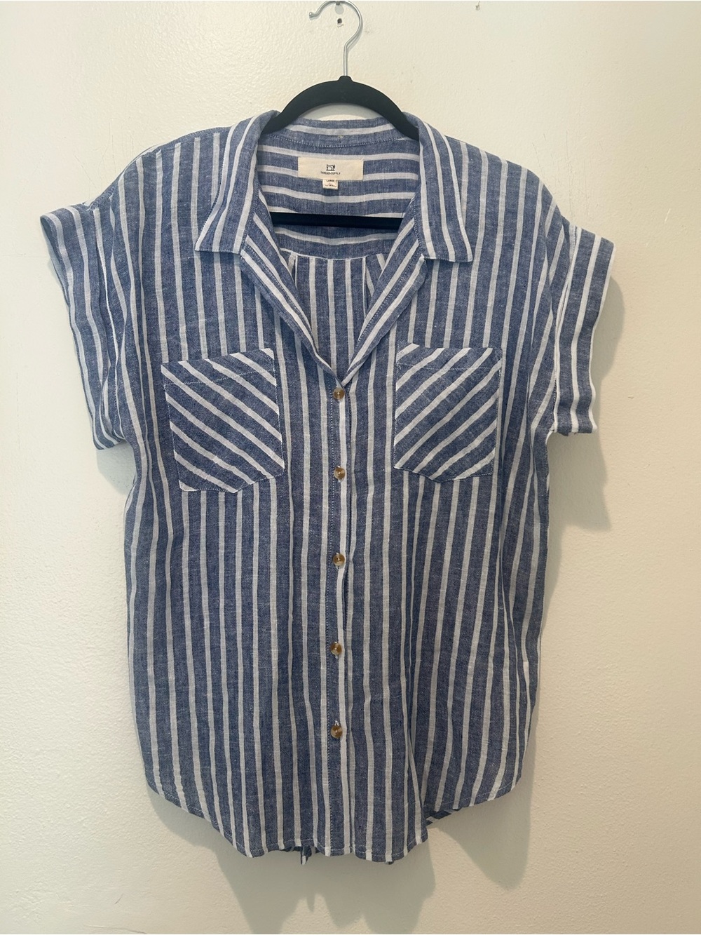 Thread & Supply Blue and White Vertical Stripe Linen Blend Shirt